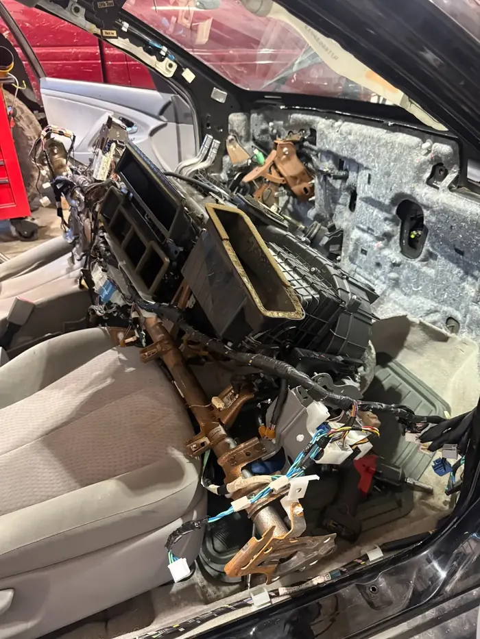Dashboard removed for heater-core and HVAC repair