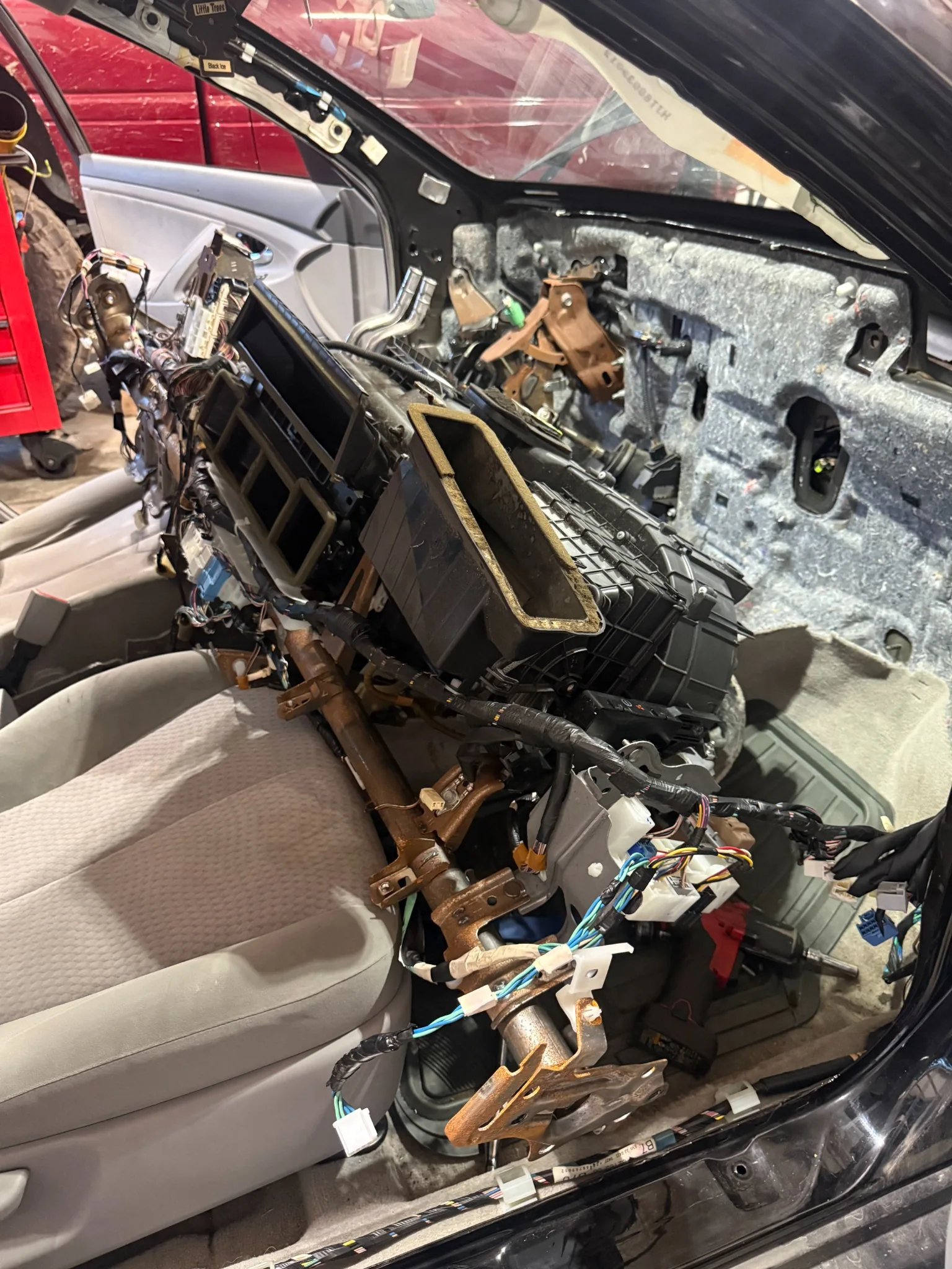 Dashboard removed for heater-core and HVAC repair